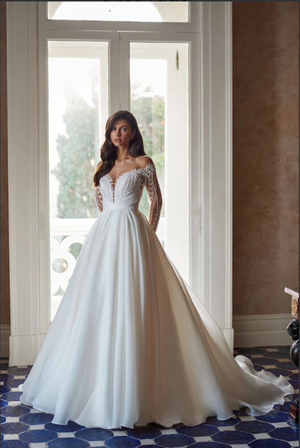Aselina 3335 Royal Ball Gown Wedding Dress – Textured Organza Skirt, Lace Sleeves & Draped Bodice